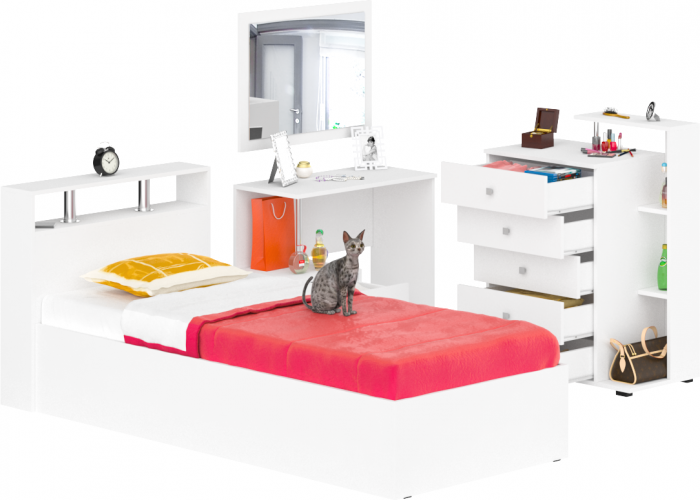 Камелия спальня № 7 Кровать 900 + Стол косметический + Зеркало + Комод, белый