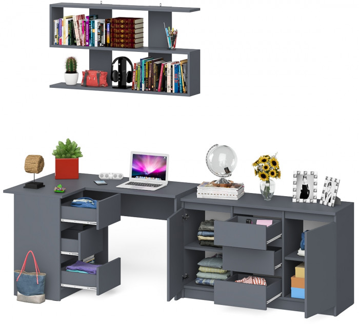 Мори компьютерный стол МС-16 левый + Комод МК1200.3 + Полка 1200, графит