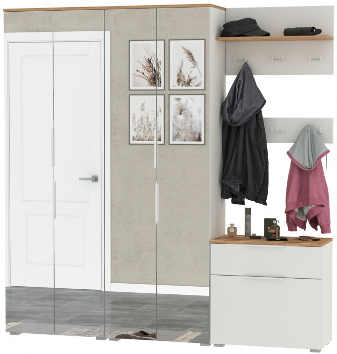 Октава Прихожая 27, белый шагрень/дуб крафт золотой/фасады МДФ белый шагрень