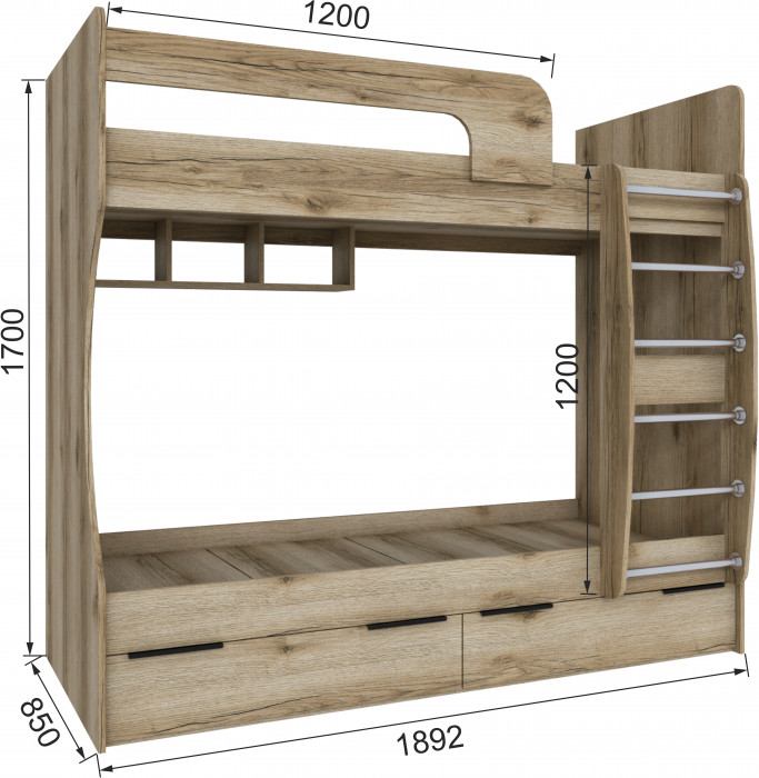 Кровать Мадрид (0,8) двухярусная, Дуб делано