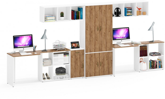 Лидер-8 Стол + Полка + Стол + Полка + Шкаф МД 20Б + Тумба МД 3.15, цвет белый шагрень/крафт золото, 450х50х75/190 или 230х200/50х75/190, НЕ ун. сб.