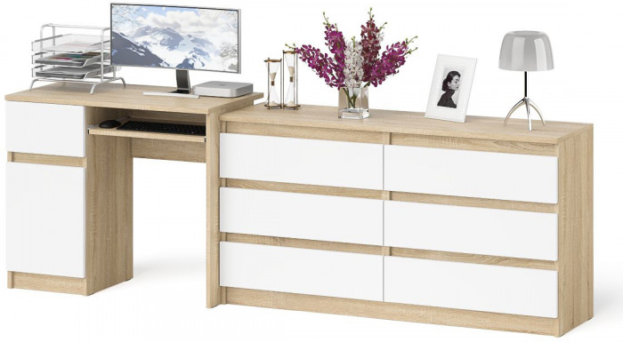 Мори Стол компьютерный МС-1 левый + Комод МК1380.6, цвет дуб сонома/белый, ШхГхВ 228х50х76,6 см., выдвижной ящик слева, НЕ универсальная сборка
