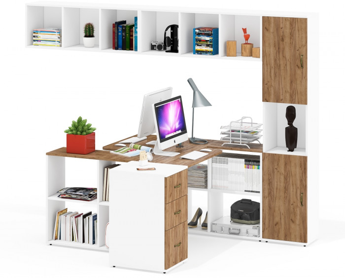 Лидер-8 Стол + Полка + Стол + Полка + Пенал + Тумба МД 3.16, белый шагрень/крафт золото