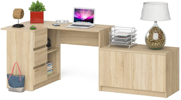 Мори Стол компьютерный МС-16 левый + Тумба МА900.1, цвет дуб сонома, ШхГхВ 214,8х84,9х76,6 см., выдвижные ящики слева, НЕ универсальная сборка