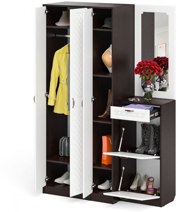 Прихожая П-6 Компоновка № 49, венге/фасады МДФ белое дерево фрезеровка ромб