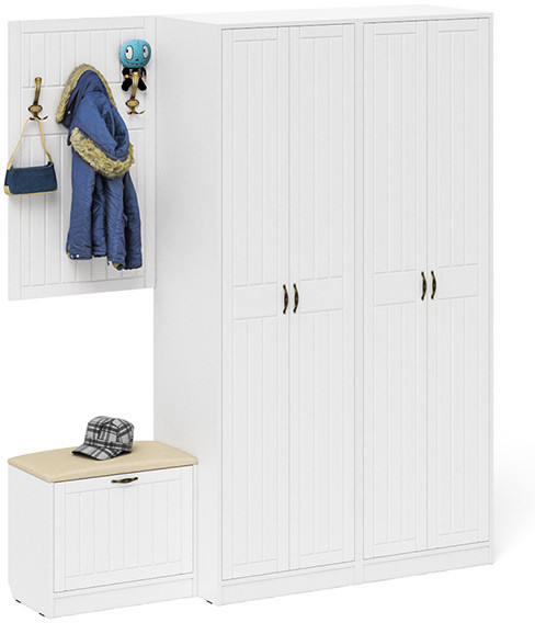 Прихожая П-6 Компоновка № 09, цвет белая шагрень/фасады МДФ белое дерево фрезеровка прованс, ШхГхВ 180х50х210 см., универсальная сборка