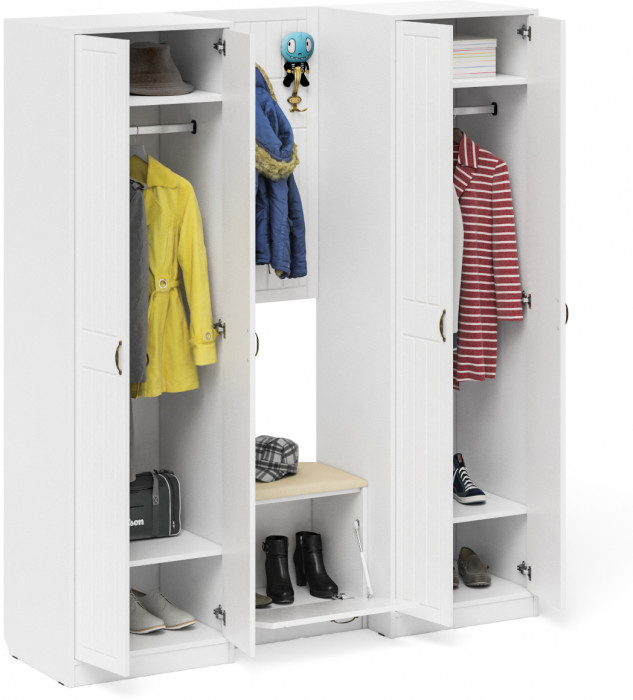 Прихожая П-6 Компоновка № 09, цвет белая шагрень/фасады МДФ белое дерево фрезеровка прованс, ШхГхВ 180х50х210 см., универсальная сборка