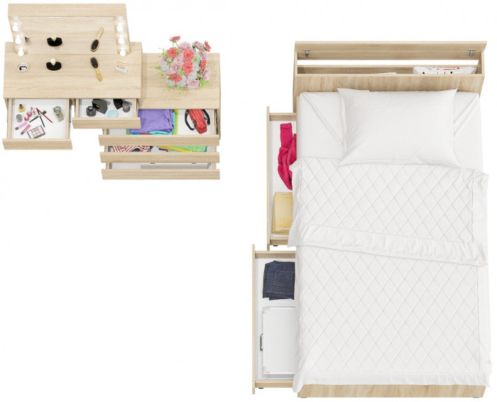 Ксения Кровать с ящиками 1200 + Стол косметический с подсветкой 110, дуб сонома