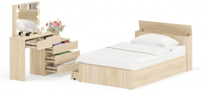 Ксения Кровать с ящиками 1200 + Стол косметический с подсветкой 110, дуб сонома