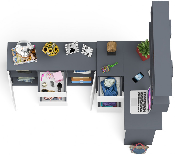 Мори компьютерный стол МС-16 левый + Комод МК1200.3 + Полка 1200, графит/белый