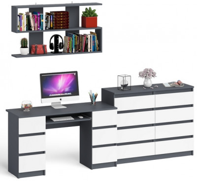 Мори компьютерный стол МС-2 + Комод МК1200.8 + Полка 1200, графит/белый