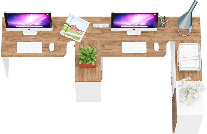 Лидер-8 Стол + Стол + Тумба МД 3.19, цвет белый шагрень/крафт золото, ШхГхВ 370х50/30х75 см. или 230х50/120х75 см., НЕ универсальная сборка