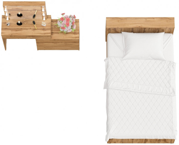 Ксения Кровать с ящиками 1200 + Стол косметический с подсветкой 110, дуб вотан