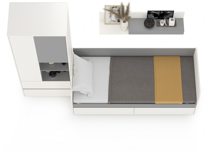 Торонто Компоновка № 20, цвет белый шагрень/стальной серый, ШхГхВ 274х84,4х195,7 см., сп. м. 800х1900 мм., б/м, основание есть, универсальная сборка