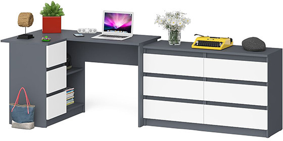 Мори компьютерный стол МС-16 левый + Комод МК1200.6, графит/белый