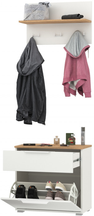 Октава 16.127 Тумба для обуви + 15.14.01 Вешалка, белый шагрень/дуб крафт золотой/фасады МДФ белый шагрень