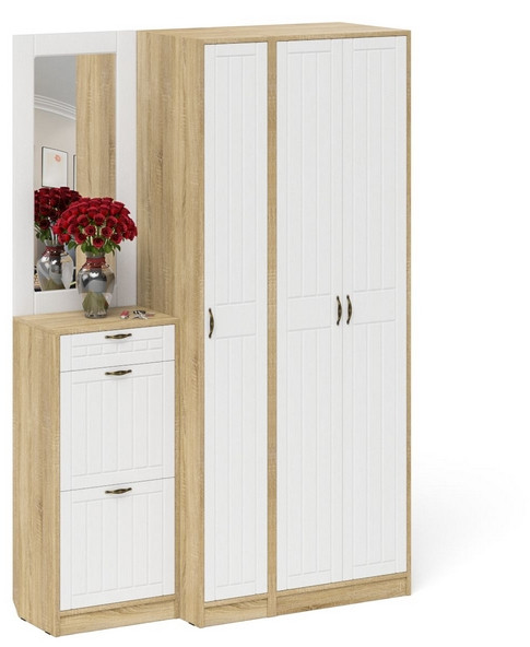 Прихожая П-6 Компоновка № 49, дуб сонома/фасады МДФ белое дерево фрезеровка прованс