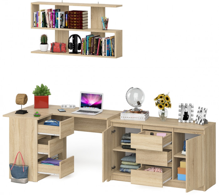 Мори компьютерный стол МС-16 левый + Комод МК1200.3 + Полка 1200, дуб сонома