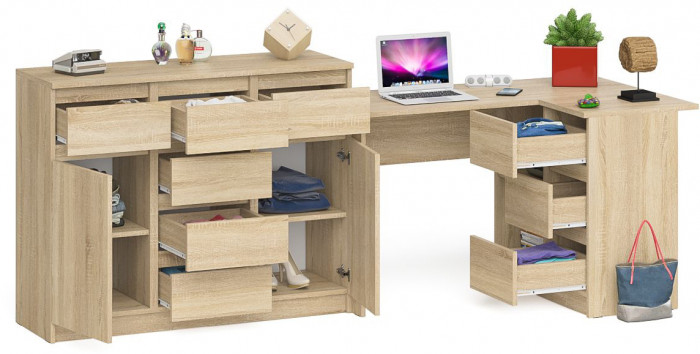 Мори компьютерный стол МС-16 правый + Комод МК1200.4, дуб сонома