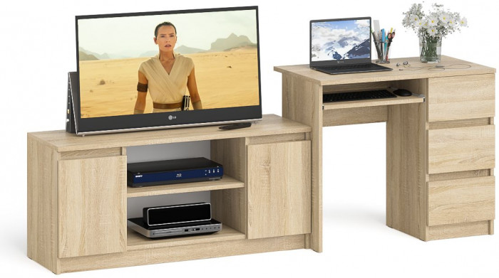 Мори компьютерный стол МС-6 правый + Тумба МТВ1200.1, дуб сонома