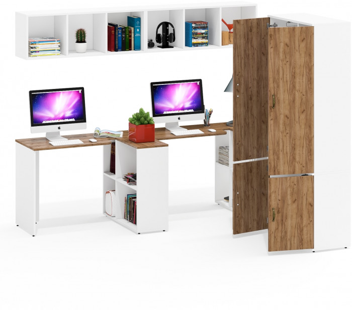 Лидер-8 Стол + Полка + Стол + Полка + Шкаф МД 20Б + Тумба МД 3.19, цвет белый шагрень/крафт золото, 450х50х75/190 или 230х200/50х75/190, НЕ ун. сб.