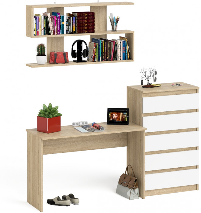 Мори Стол письменный МСП1200.1 + Комод МК700.5 + Полка 1200, цвет дуб сонома/белый, ШхГхВ 190,8х50х209,6 см., универсальная сборка