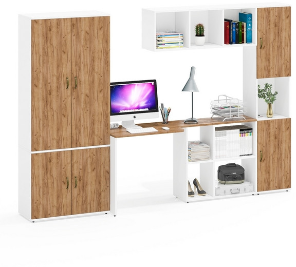 Лидер-8 Шкаф МД 20Б + Стол + Полка + Пенал, белый шагрень/крафт золото