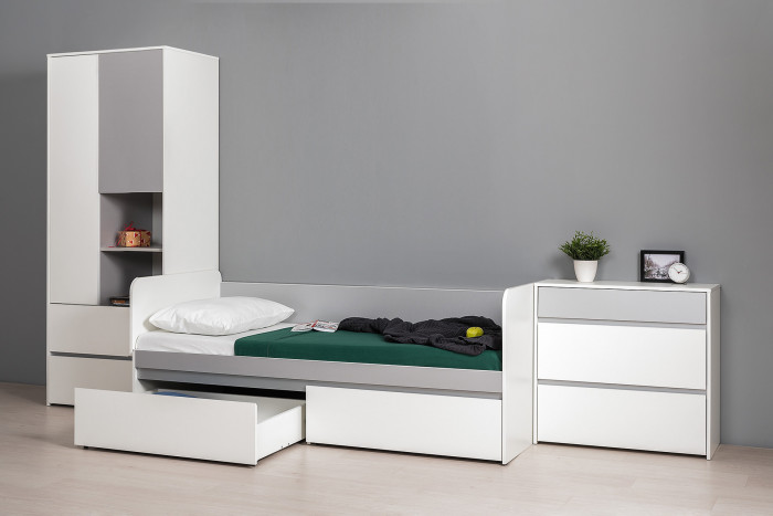 Торонто Компоновка № 21, цвет белый шагрень/стальной серый, ШхГхВ 354х84,4х195,7 см., сп. м. 800х1900 мм., б/м, основание есть, универсальная сборка