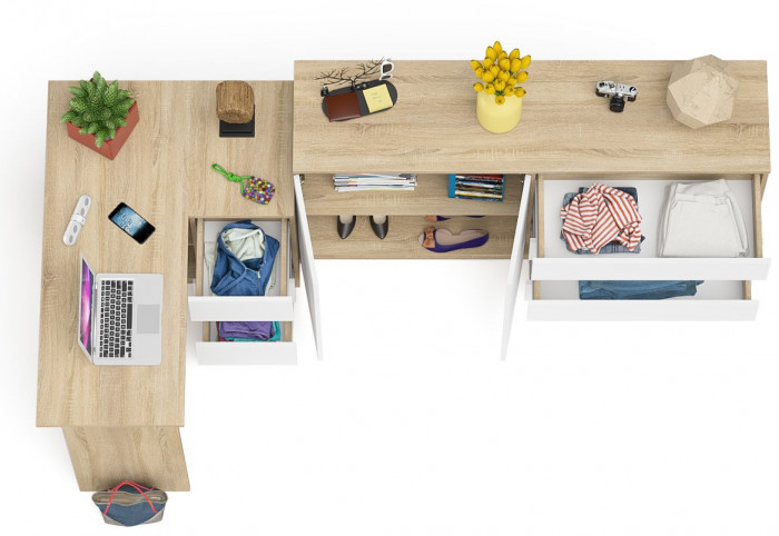 Мори компьютерный стол МС-16 правый + Комод МК1600.1, дуб сонома/белый