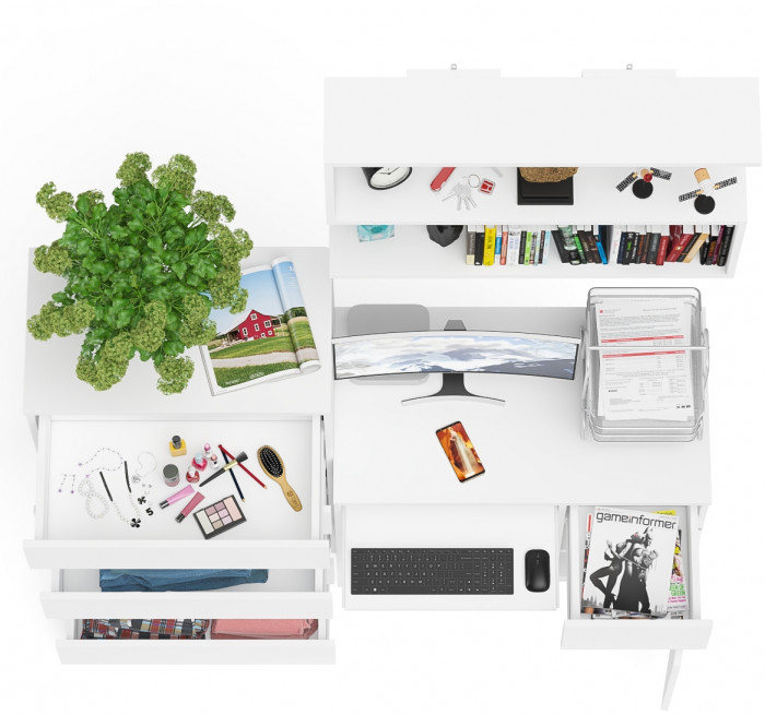 Мори Стол компьютерный МС-1 правый + Комод МК700.5 + Полка 900, цвет белый, ШхГхВ 160,4х50х209,6 см., НЕ универсальная сборка