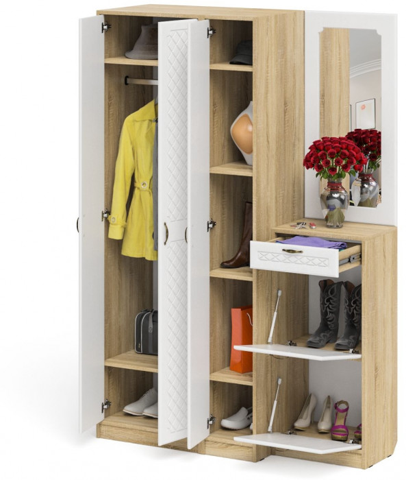 Прихожая П-6 Компоновка № 49, дуб сонома/фасады МДФ белое дерево фрезеровка ромб