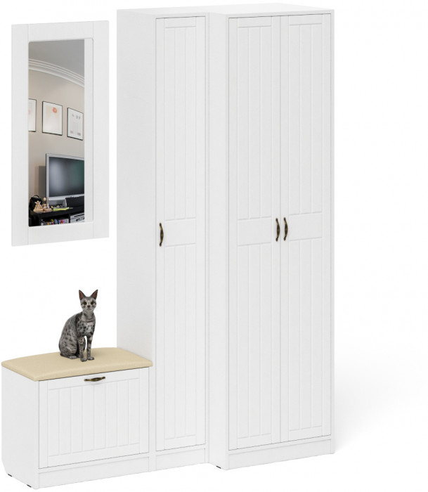 Прихожая П-6 Компоновка № 26, цвет белая шагрень/фасады МДФ белое дерево фрезеровка прованс, ШхГхВ 150х50х210 см., универсальная сборка