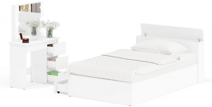 Ксения Кровать с ящиками 1200 + Стол косметический с подсветкой Сура, белый