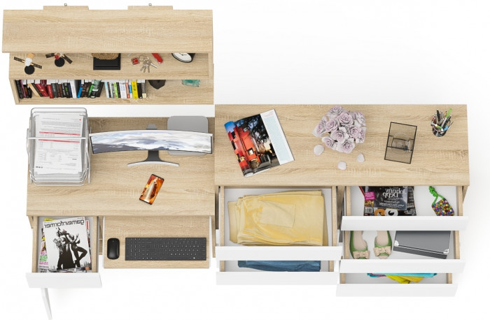 Мори компьютерный стол МС-1 левый + Комод МК1200.8 + Полка 900, дуб сонома/белый