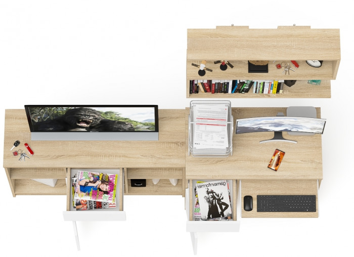 Мори компьютерный стол МС-1 левый + Тумба МТВ1204.1 + Полка 900, дуб сонома/белый