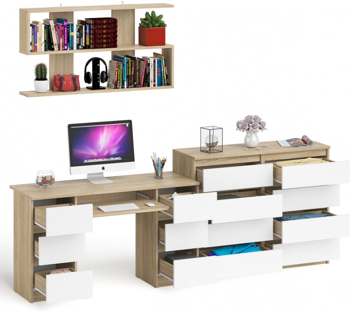 Мори компьютерный стол МС-2 + Комод МК1200.8 + Полка 1200, дуб сонома/белый