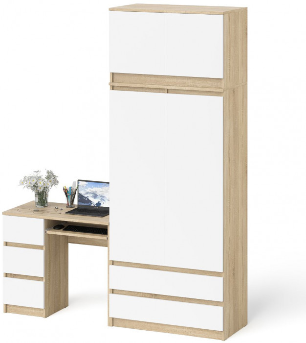 Мори компьютерный стол МС-6 левый + Шкаф МШ900.1 + Антресоль МА900.1, дуб сонома/белый