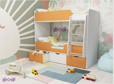 Кровать двухъярусная Малыш Двойняшка (Оранжевый/Белое дерево)