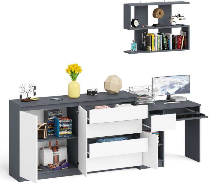 Мори Стол компьютерный МС-1 левый + Комод МК1600.1 + Полка 900, цвет графит/белый, ШхГхВ 250,4х50х209,6 см., НЕ универсальная сборка
