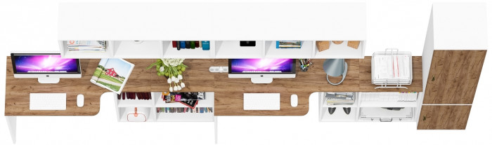 Лидер-8 Стол + Полка + Стол + Полка + Пенал МД 21Б, белый шагрень/крафт золото