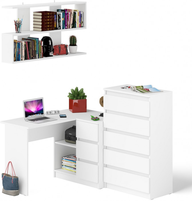 Мори компьютерный стол МС-16 правый + Комод МК700.5 + Полка 1200, белый