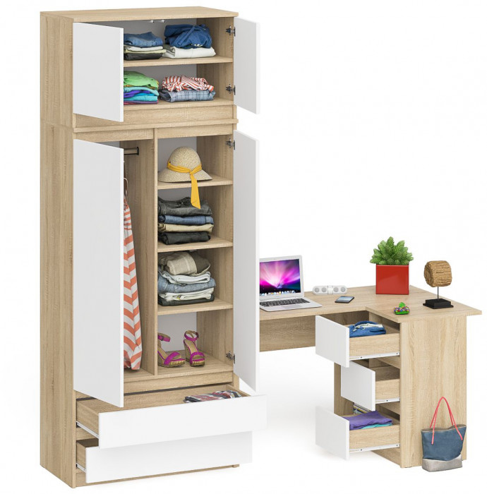 Мори компьютерный стол МС-16 правый + Шкаф МШ900.1 + Антресоль МА900.1, дуб сонома/белый
