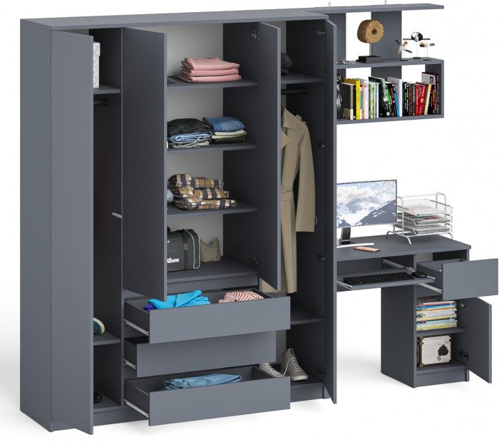 Мори Стол компьютерный МС-1 правый + Шкаф МШ1600.1 + Полка 900, цвет графит, ШхГхВ 250,4х50,4х209,6 см., НЕ универсальная сборка