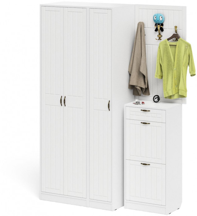 Прихожая П-6 Компоновка № 50, белая шагрень/фасады МДФ белое дерево фрезеровка прованс