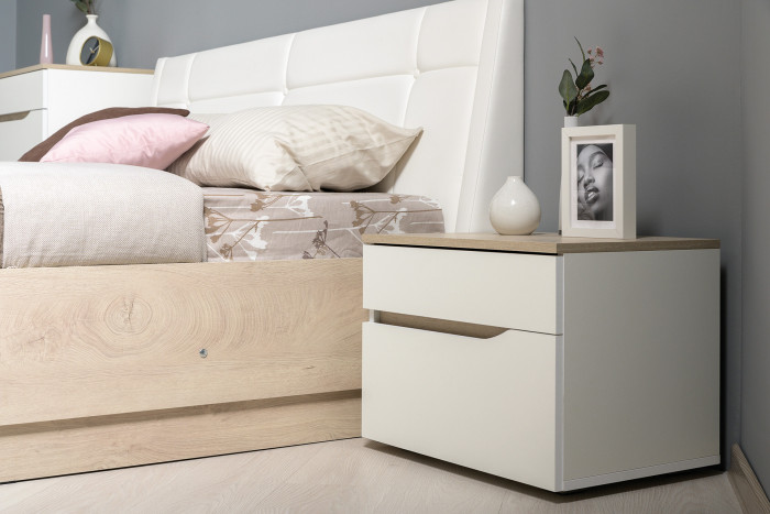 Муссон Кровать 11.28 + подъёмный ортопед + Тумба 16.03, цвет белый/дуб эндгрейн элегантный/кожзам белый, сп. м. 1600х2000 мм., б/м
