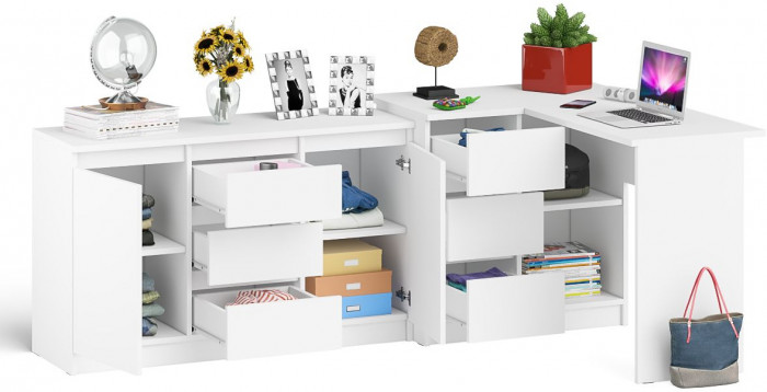 Мори компьютерный стол МС-16 левый + Комод МК1200.3, белый
