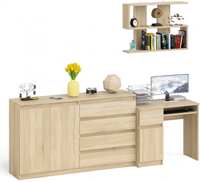 Мори Стол компьютерный МС-1 левый + Комод МК1600.1 + Полка 900, цвет дуб сонома, ШхГхВ 250,4х50х209,6 см., НЕ универсальная сборка