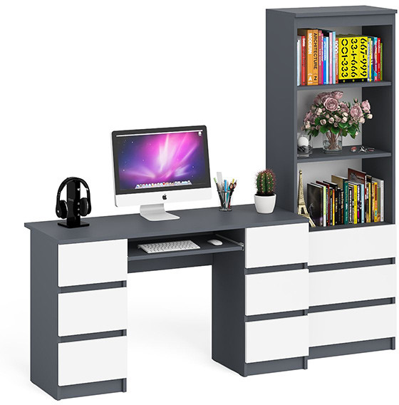 Мори Стол компьютерный МС-2 + Стеллаж МСТ600.3, цвет графит/белый, ШхГхВ 195,8х50х179,6 см., универсальная сборка