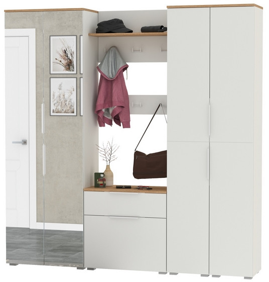 Октава Прихожая 31, цвет белый шагрень/дуб крафт золотой/фасады МДФ белый шагрень, ШхГхВ 193,7х35,4х197,6 см., универсальная сборка