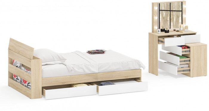 Ксения Кровать с ящиками 1200 + Стол косметический с подсветкой 110, дуб сонома/белый